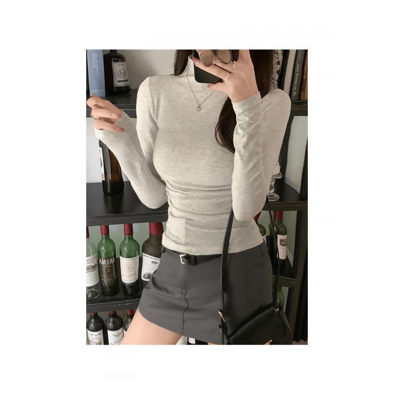 Pleated Slim Fit Long-Sleeve Turtleneck Top for Autumn and Winter