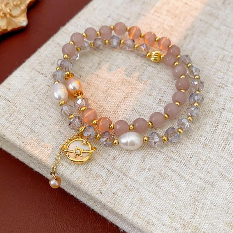 Layered Cats Eye Stone Pearl Bracelet Women Irregular Geometric Design Gold Pink Tone Lightweight Luxury Fashion Accessory