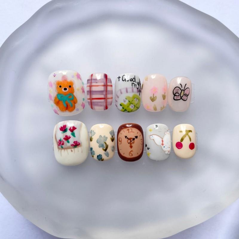 Hand-Painted Press-On Nails Short Square Cat Eye Design Cute Kawaii Style Wearable Nail Tips Women Extra Small
