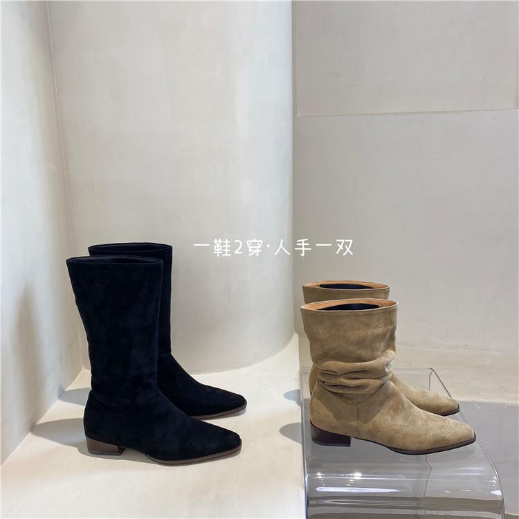 Pleated Pile Boots Retro Pointed Thick Heel Short Boots Western Cowboy Boots Sleeve Knight Boots Women's Summer