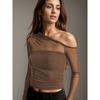 Women Sexy Slanted Shoulder Sheer Mesh Slim Fit Long Sleeve Base T Shirt
