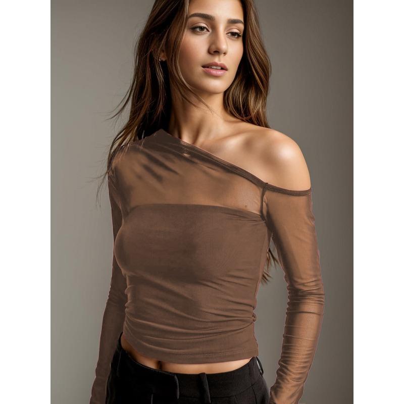 Women Sexy Slanted Shoulder Sheer Mesh Slim Fit Long Sleeve Base T Shirt