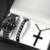 Men's Business Trend 3pcs/set Three-eye Single Calendar Steel Belt Watch + Bracelet + Cross Bracelet Set