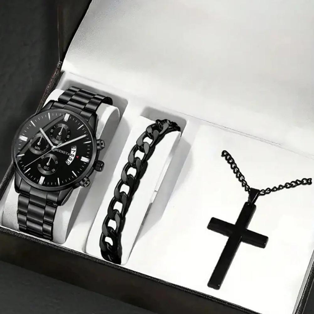 Men's Business Trend 3pcs/set Three-eye Single Calendar Steel Belt Watch + Bracelet + Cross Bracelet Set