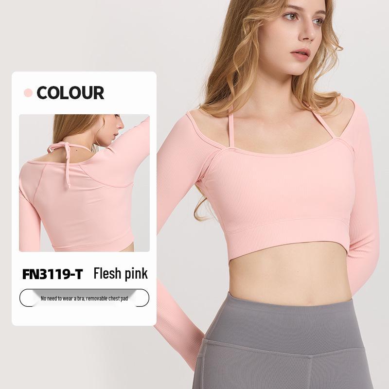 Women's Ribbed Halter Neck Yoga Top with Long Sleeves and Pads - High Elastic Cropped Fitness Top for Autumn/Winter