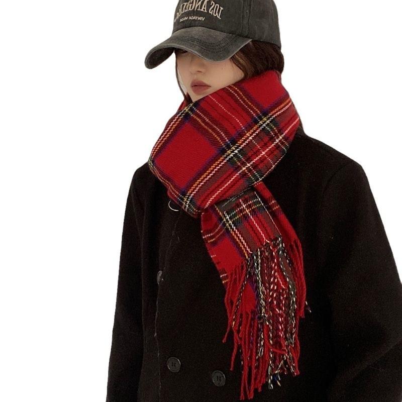 Red Scarf for Women In Winter Korean Style Plaid Versatile Warm High End Trendy New Year Gift Christmas Scarf Shawl