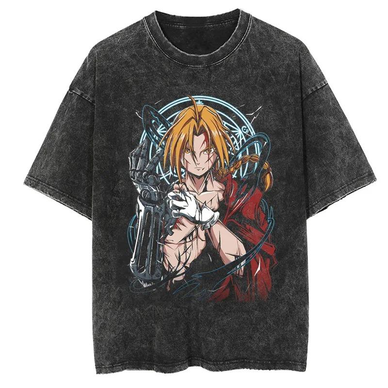 Anime Mustang Roy Fullmetal Alchemist Grafikdruck T-Shirt Herren Damen Streetwear Harajuku Hip Hop Vintage Gewaschene Baumwolle Übergroßes Oberteil Sommer Neues T-Shirt