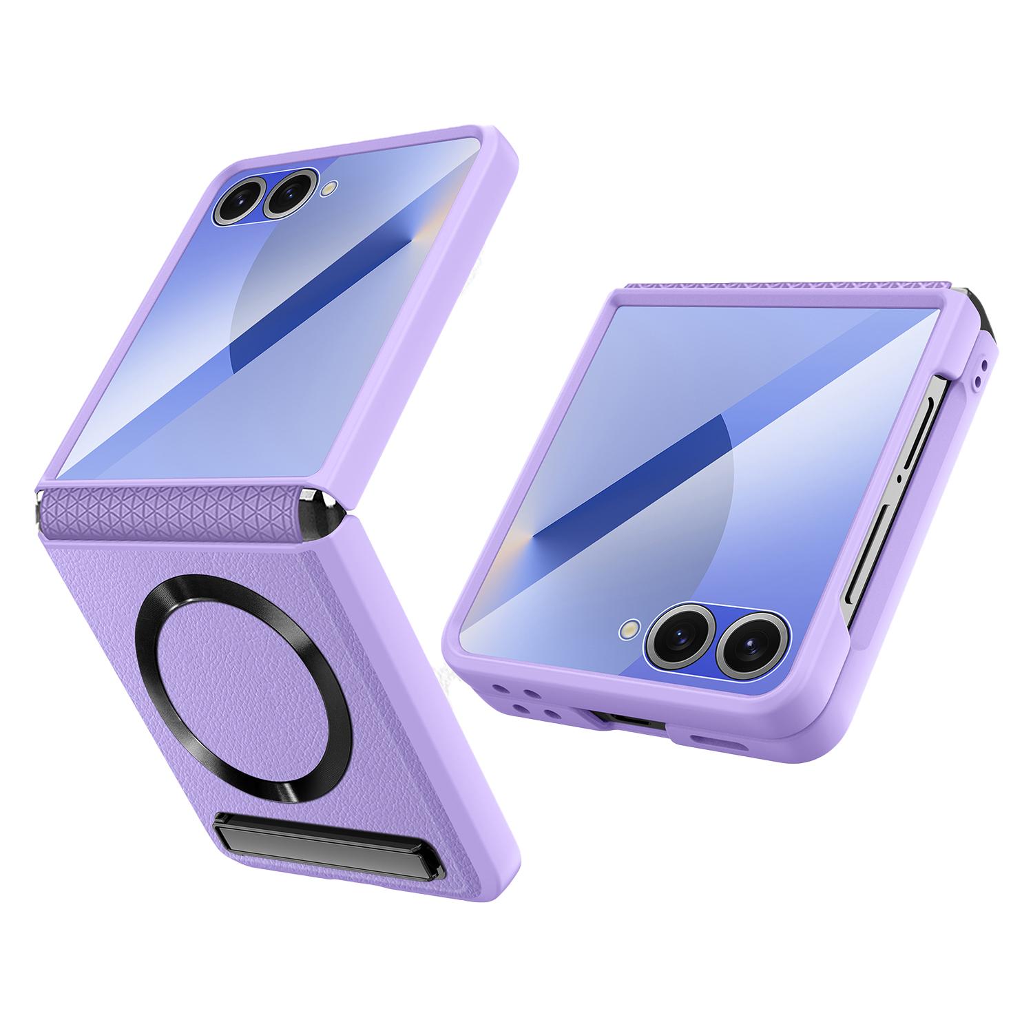 

For Samsung Galaxy Z Flip7 5G Case Compatible with MagSafe Kickstand PC+PU Phone Cover with Screen/Lens Film Purple