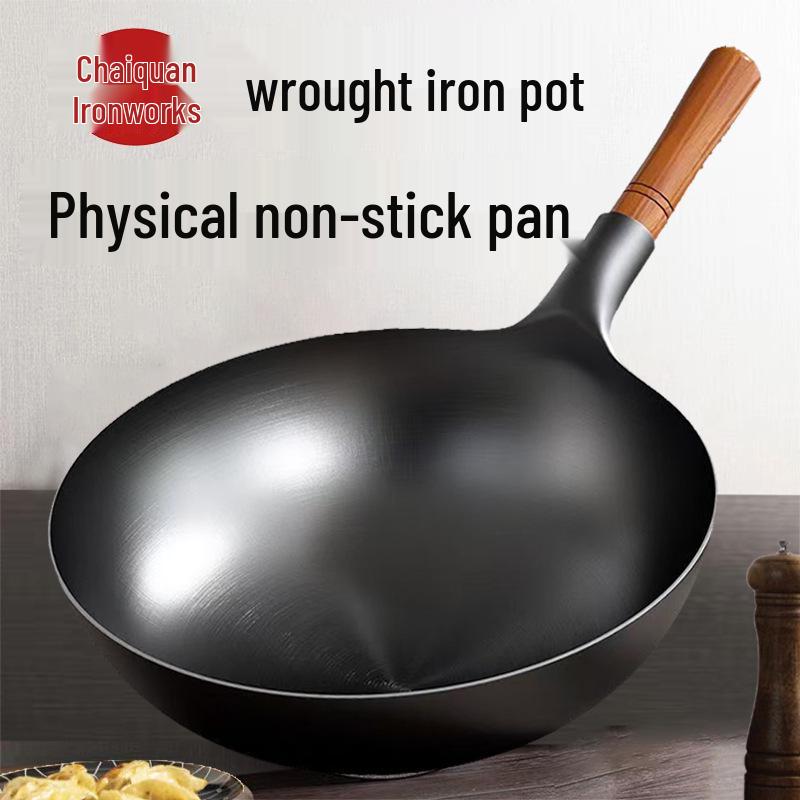 Hand-Forged Non-Stick Iron Wok for Gas Stoves - Round Bottom, No Coating, Chef’s Stir-Fry Pan