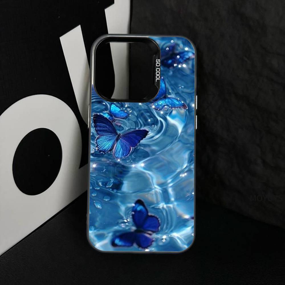 Blue Butterfly Ocean Waves Phone Case For iPhone 17 16 15 14 13 12 11 XS XR X Pro Max Plus Colored Silver Plated Cover