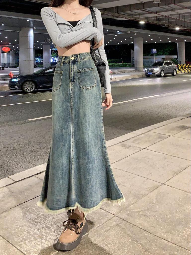 Women's High-Waisted A-Line Mermaid Skirt with Frayed Hem - New Korean Summer Style