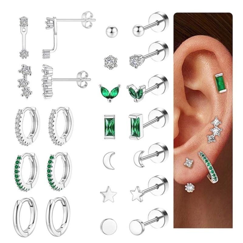 Nonallergenic Blocky Zirconia Ear Posts Set Surgical Steel Thin Jewelry For Sensitive Hearing Multiple Styles