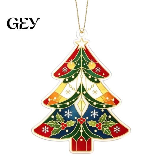 Holiday Hanging Pendant for Home 2D Flat Acrylic Christmas Tree Ornament, Vintage Stained Car Rear View Mirror Decoration Glass Style Pendant, Festive