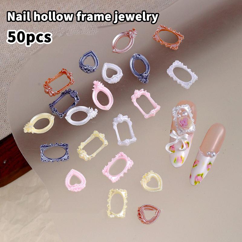 50Pcs Nail Art Frames Shapes Designs Diy Resin Charms For 3D Nail Accessories Hollow Nail Art Gems Stones Frames