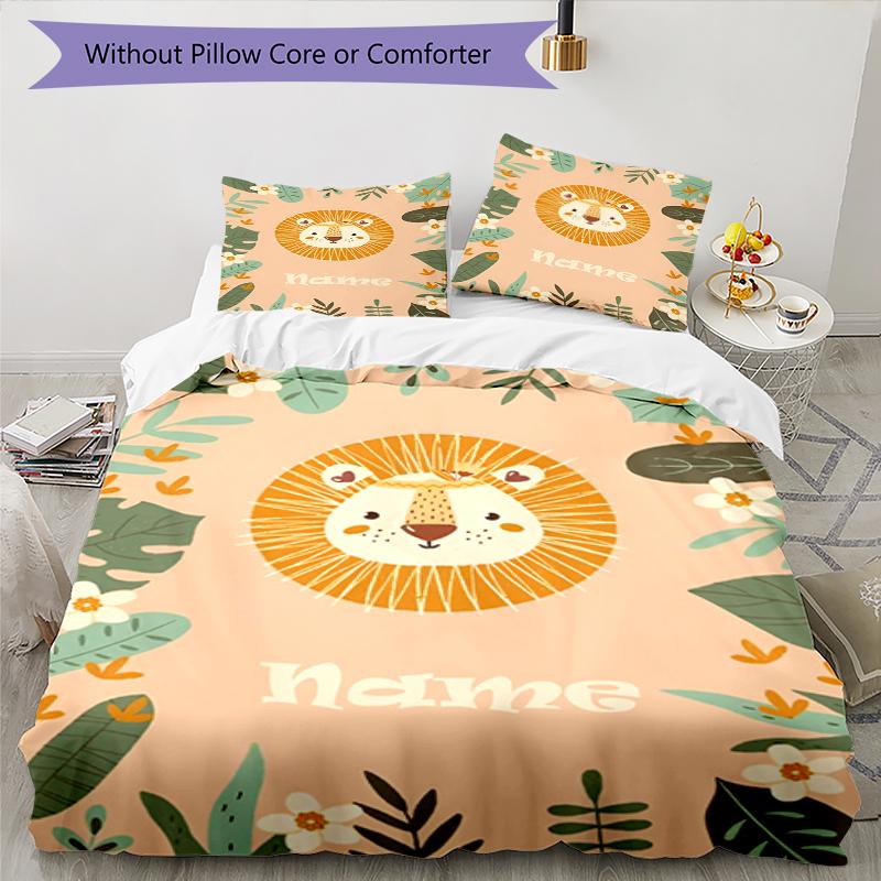 3pcs Custom Name Lion Bedding Set Duvet Cover Closure Includes 1 Duvet Cover & 2 Pillowcases, Soft and Comfortable for All Seasons.