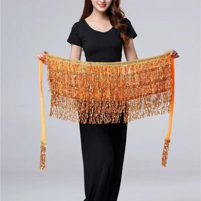 Belly Dance Waist Chain New Glitter Layer Tassel Waist Cover Indian Dance Performance Practice Strap Hip Scarf Skirt Waist Scarf