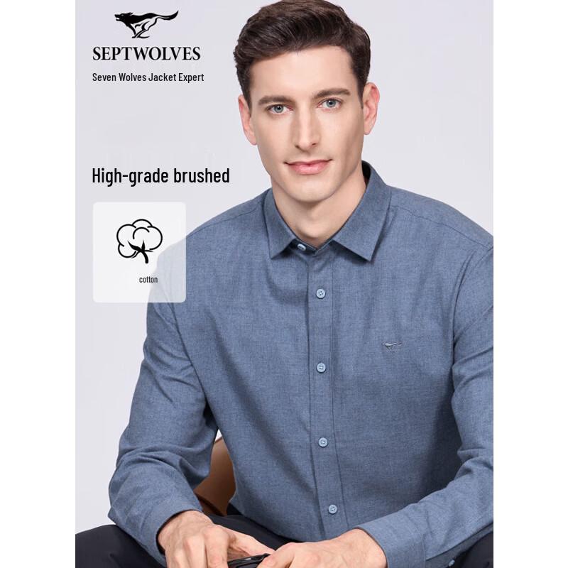 SEPTWOLVES Men's Embroidered Brushed Long-Sleeve Shirt