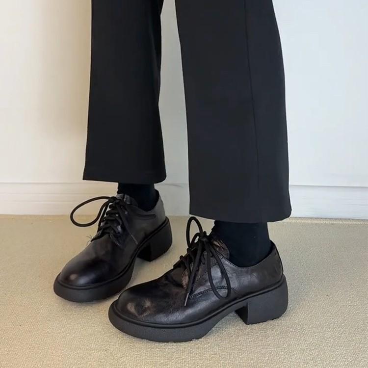 Cowhide Version~ British Style Lace-up Thick Heel Small Leather Shoes Women's Versatile Leather Silent Tire Sole Round Head Commuter Shoes