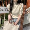 Sommer Vintage Puff Hülse Gestrickte Bluse Frauen Koreanische Halb Stehkragen Casual Elegante Frau Shirt Mode Schlank Solide Tops 25244