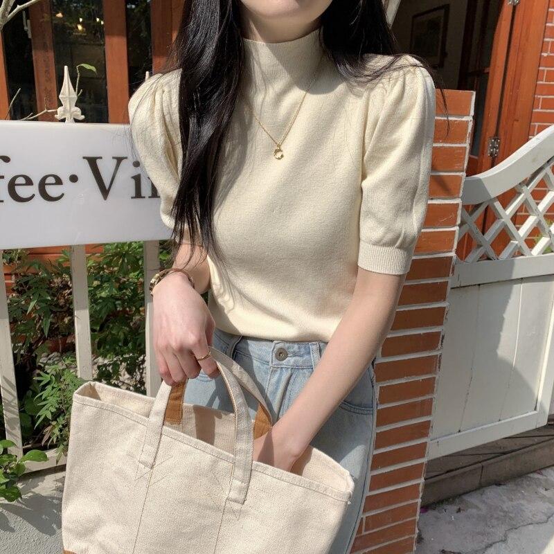 Sommer Vintage Puff Hülse Gestrickte Bluse Frauen Koreanische Halb Stehkragen Casual Elegante Frau Shirt Mode Schlank Solide Tops 25244