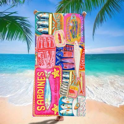 Vintage Sardines Collage Beach Towel - Quick Dry Microfiber with Colorful Fish Can Prints, Fun Sand Free Blanket for Summer