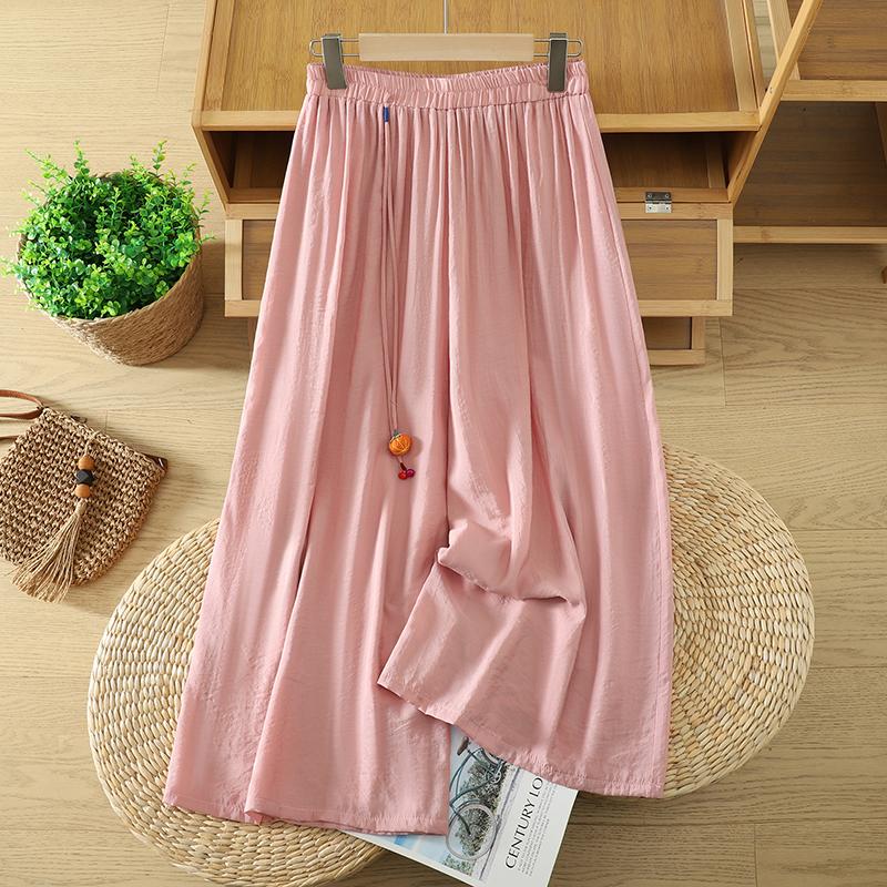 DIMANAF 2026 Plus Size Women Linen Pants Elastic Waist Vintage Basic Lady Wide Leg Long Pants Oversize Loose Tencel Solid