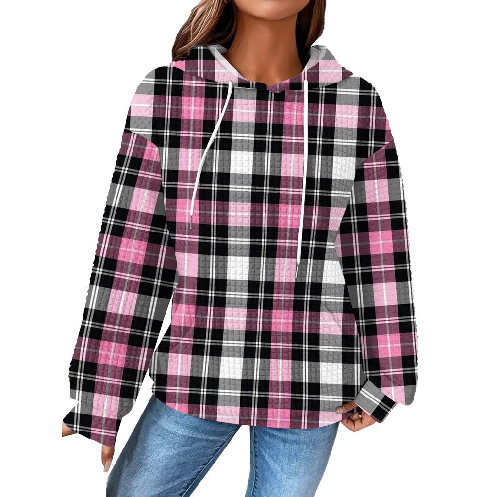 Women's Fashion Loose Hooded Pullover Long Sleeve Plaid Sweatshirt with Drawstring Drop Shoulder and Pocket Print Top