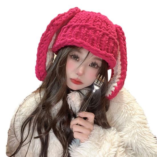 Women Winter Hat Long Bunny Ear Decor Knitted High Elasticity Warm Thick Soft Ear Protection Solid Color Windproof Anti-slip Decorative Lady Cap