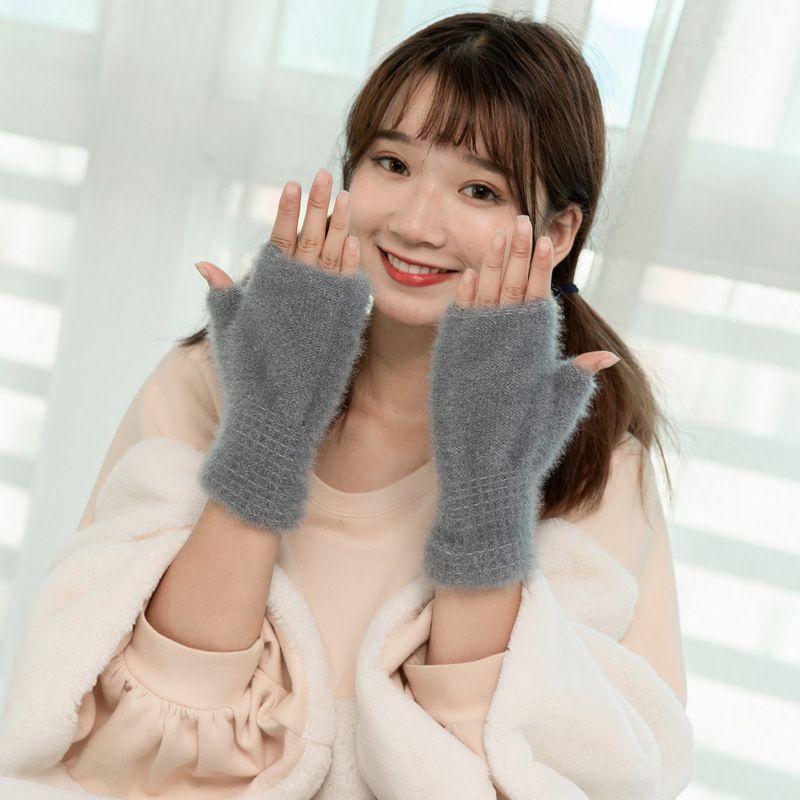 Stylish Womens Knit Faux Cashmere Winter Gloves Thick Warm Half Finger Comfort