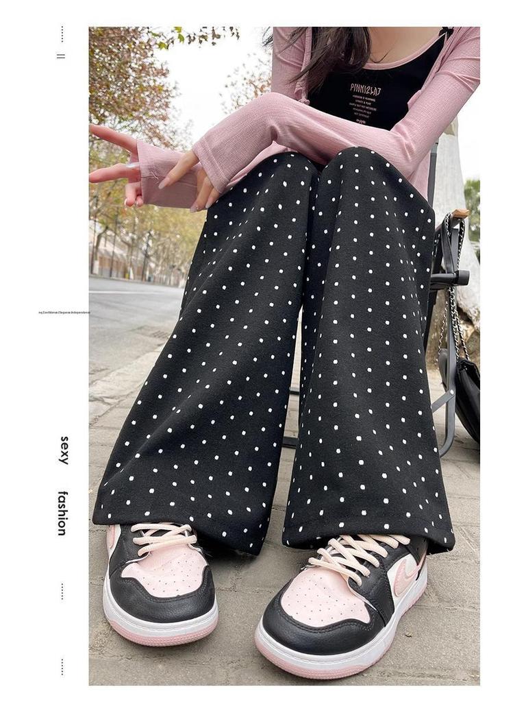 Women's High-Waist Polka Dot Lace Patchwork Wide-Leg Pants - Spring 2025 Collection