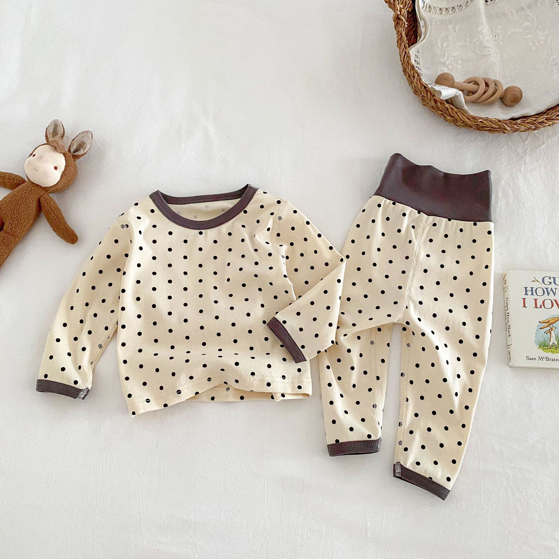 

Baby Girls Floral Outfit Set Polka Dot Pajamas Spring Autumn Homewear Two Piece Clothing for 0-5 Years 110 бежевий