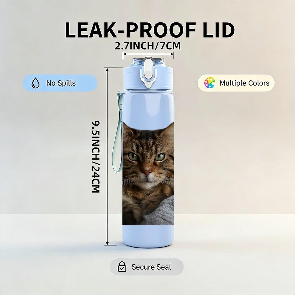 1PC Fluffy Tabby Cat Image 750ml Color Plastic Sports Water Bottle Leakproof Flip Straw Lid Suitable for Sports Office Home Use