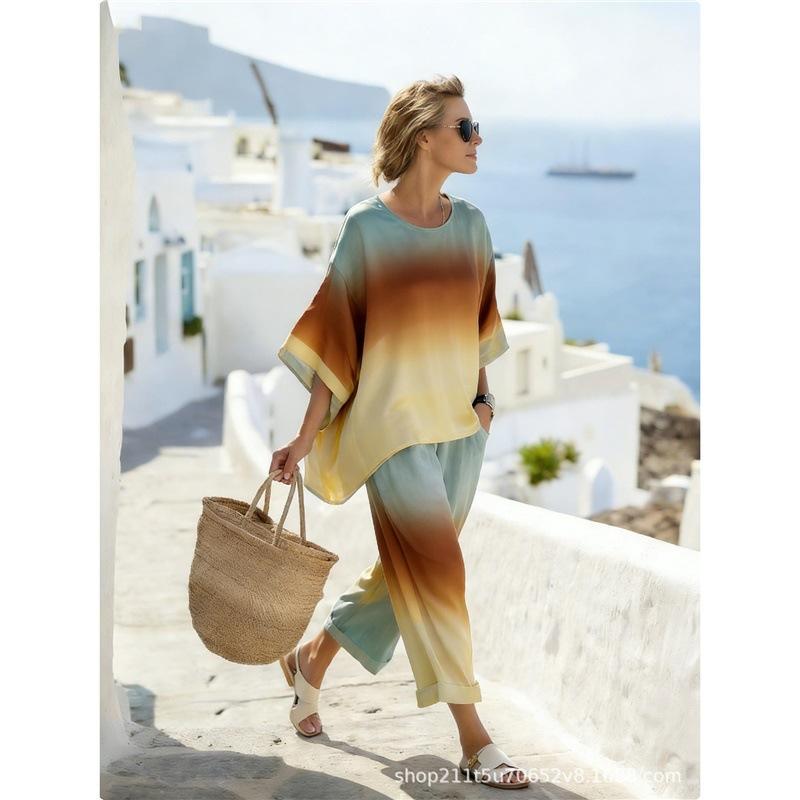 Y1 new bohemian two-piece summer women's round neck printing casual suit