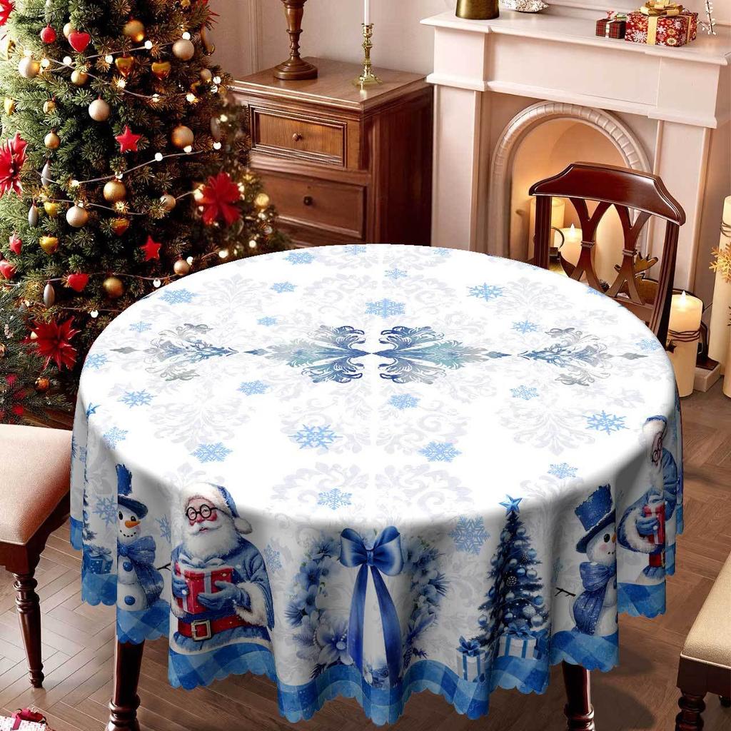 Christmas Tablecloth, Blue And White Cartoon Print Rectangular Table Cloth, Snowman Santa Tablecloth