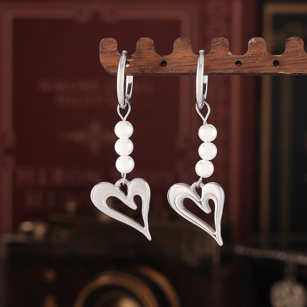 Titanium Steel 18k Gold Plated Heart Earrings with Cross Tassel and Imitation Pearl