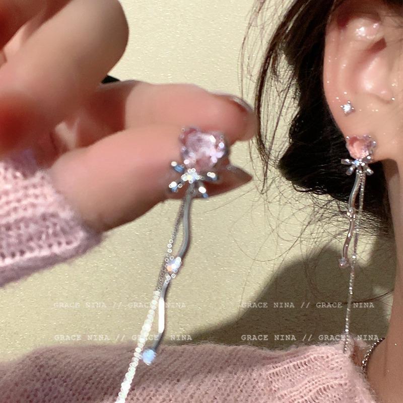 Korean-Style High-End Tassel Bow Earrings - Elegant Long Design for Women