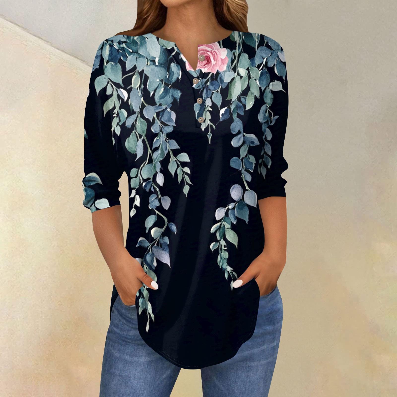 

Женская свободная футболка с воротником на пуговицах и винтажным цветочным принтом, рукав три четверти XL тёмно-синий
