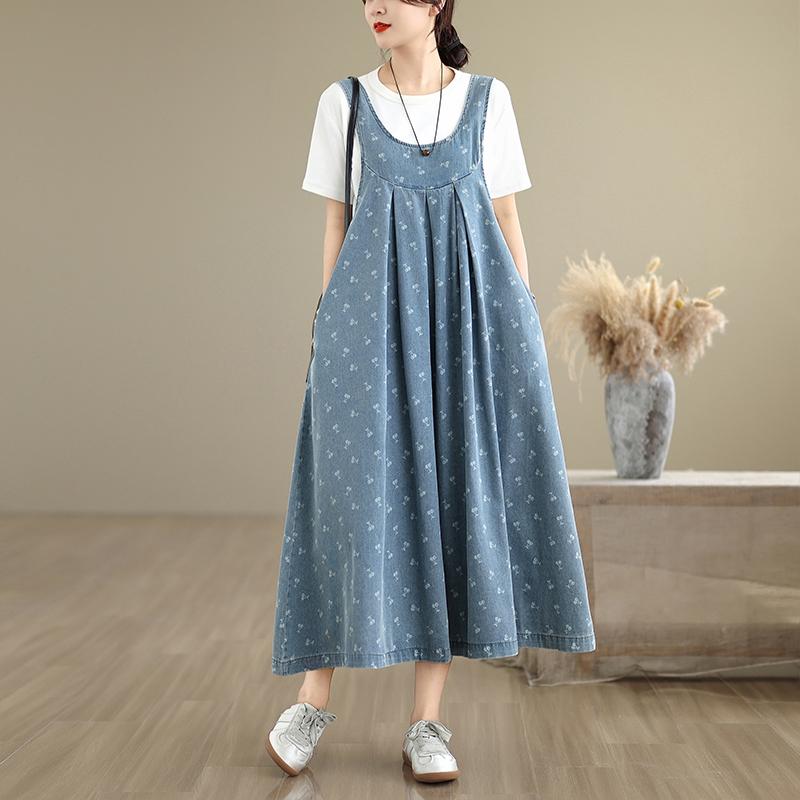 

DIMANAF Женское 2025 Новое Летнее Джинсовое Платье Большого Размера Винтажный Принт Свободное Повседневное Базовое Платье с Поясом Макси One Size темно-синий