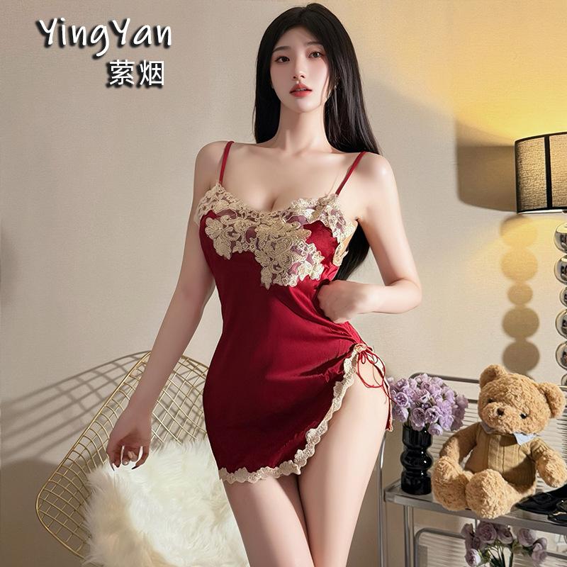 Сексуальное нижнее белье горячая страсть кружевной подвязочный ночной пеньюар сексуальная ледяная шелковая полая глубокая V форма One size fits all (40-60kg)