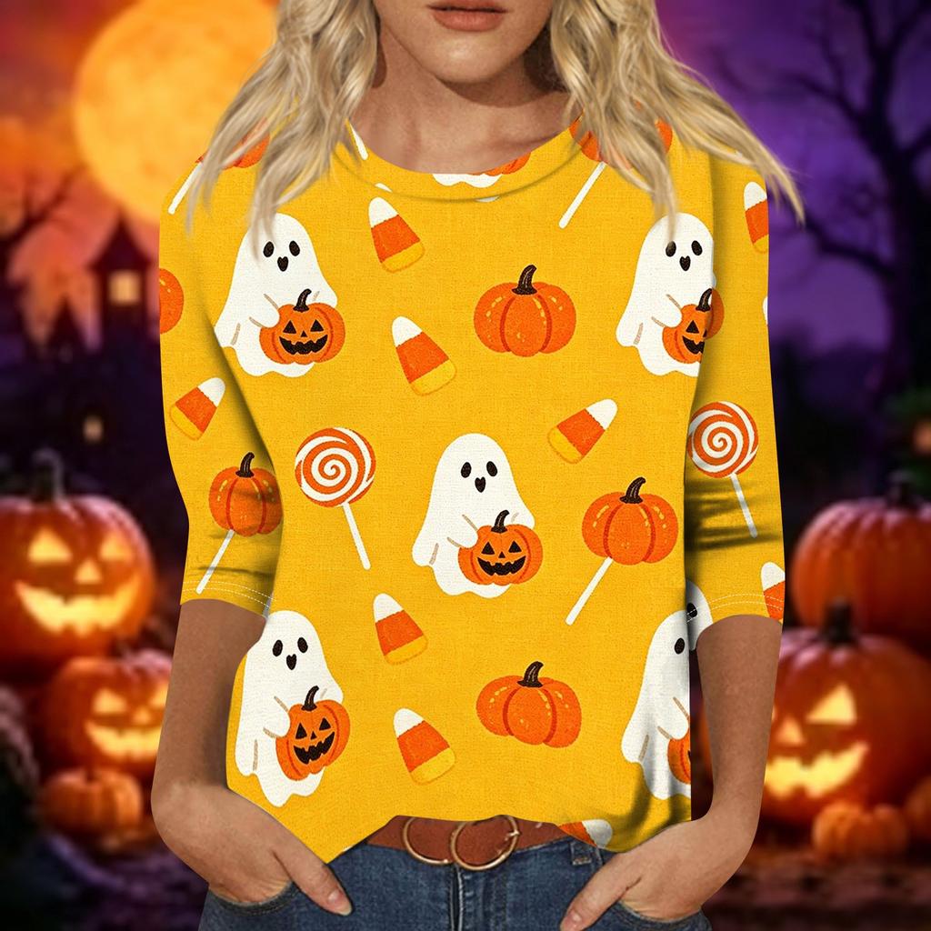 Women's Casual Halloween Print 3/4 Sleeve Round Neck Top Lightweight Soft Fabric Pullover Shirt for Everyday Wear