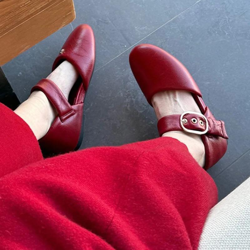 Fashion Belt Buckle Red Mary Janes Flats 2025 Spring Autumn New Walking Comfy Casual Flat Shoes