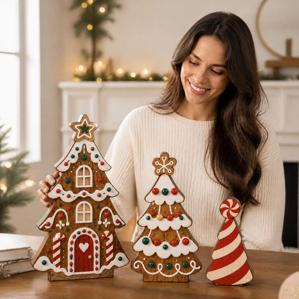 3 Pack Double-Sided Wooden Christmas Tabletop Decorations, Multi-Theme Holiday Ornaments