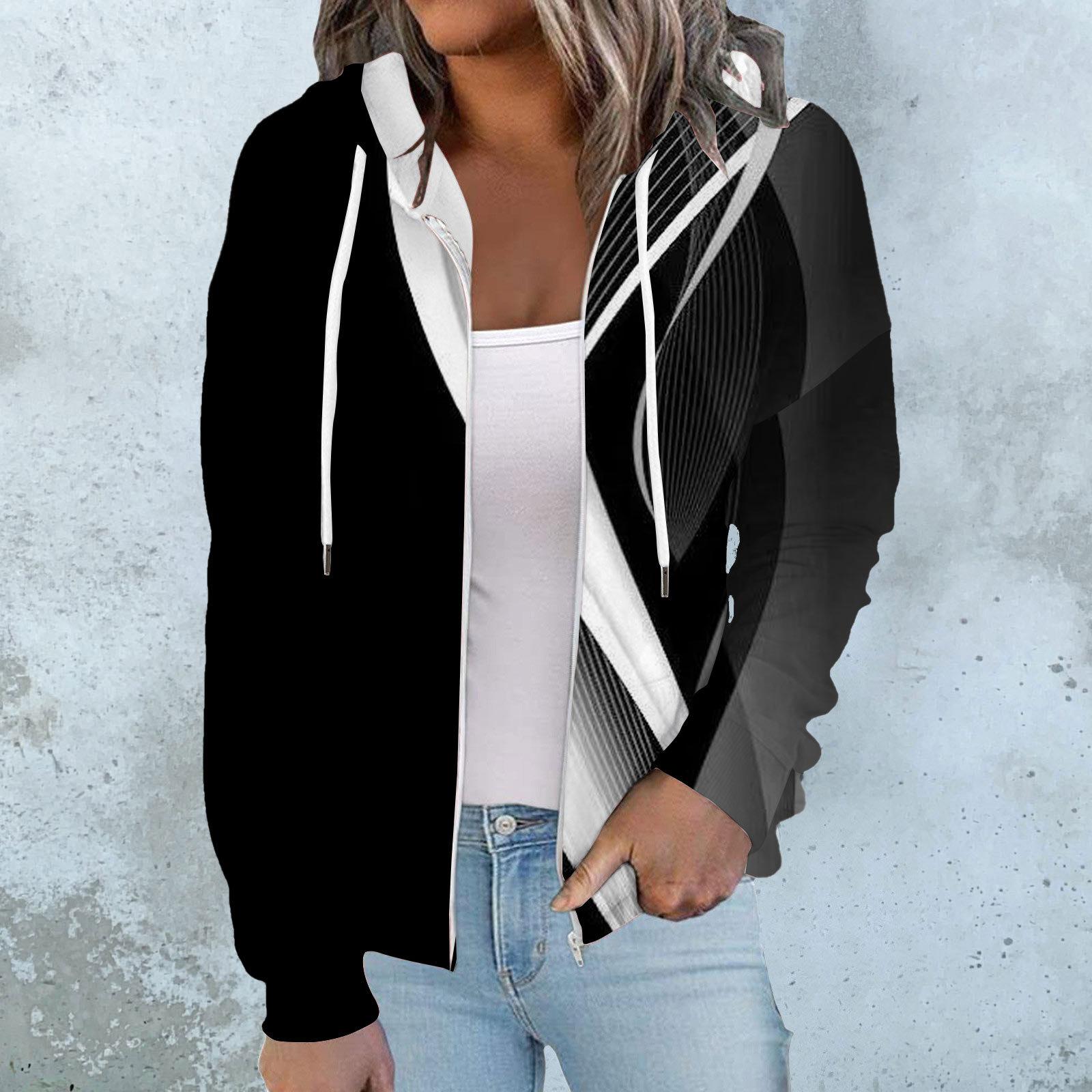 

Толстовка с капюшоном, женская, на молнии, геометрический узор, цветная блокировка, капюшон, весна и осень 2024, новый приталенный кардиганMC4 8XL