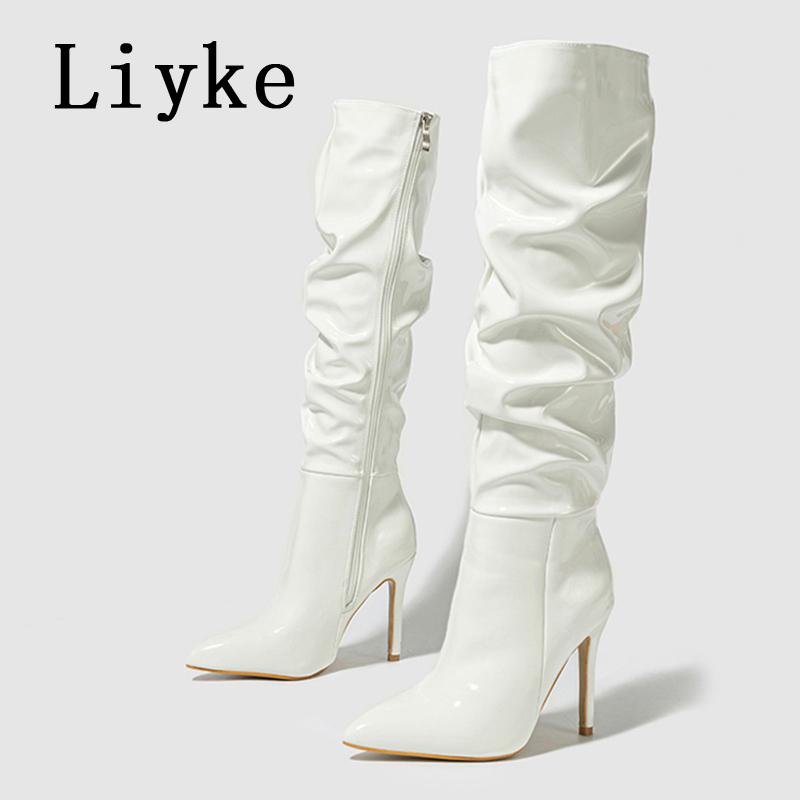 Modne Liyke Fashion Design Plisowane Lakierowane Kozaki do Kolan Damskie Czerwone Szpiczasty Nosek Zamek Szpilki Obcasy Buty Imprezowe Botki Damskie