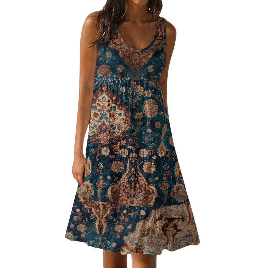 Women Casual Sleeveless Summer Dresses  Spring Patchwork Boho Floral  Cocktail Party  Dress