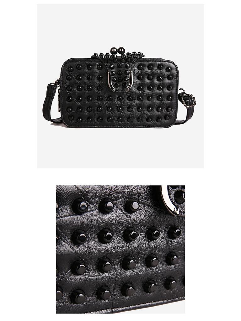 Gothic Style Textured Black Shoulder & Crossbody Bag with Rivets for Women