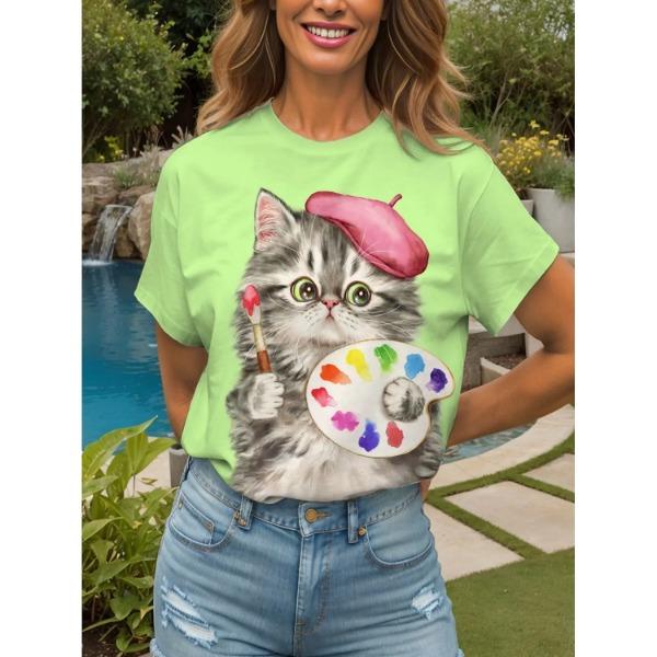 Summer Round Neck Cute Cat Pattern 3D Print Top Fashionable Casual Short Sleeved Women's T-shirts