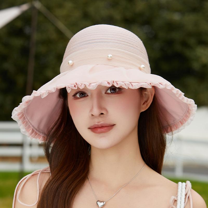 New eaves organza pearl bow mesh hat women's summer outdoor travel fashion versatile bucket hat
