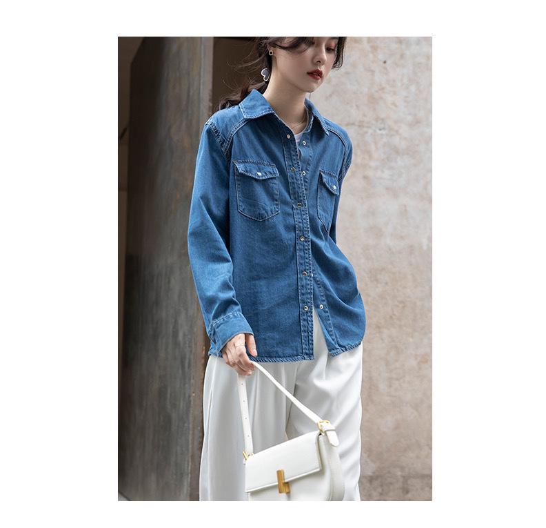 Chemise en jean rétro bleue pour femme petite - Printemps 2023, Haut à manches longues à superposer