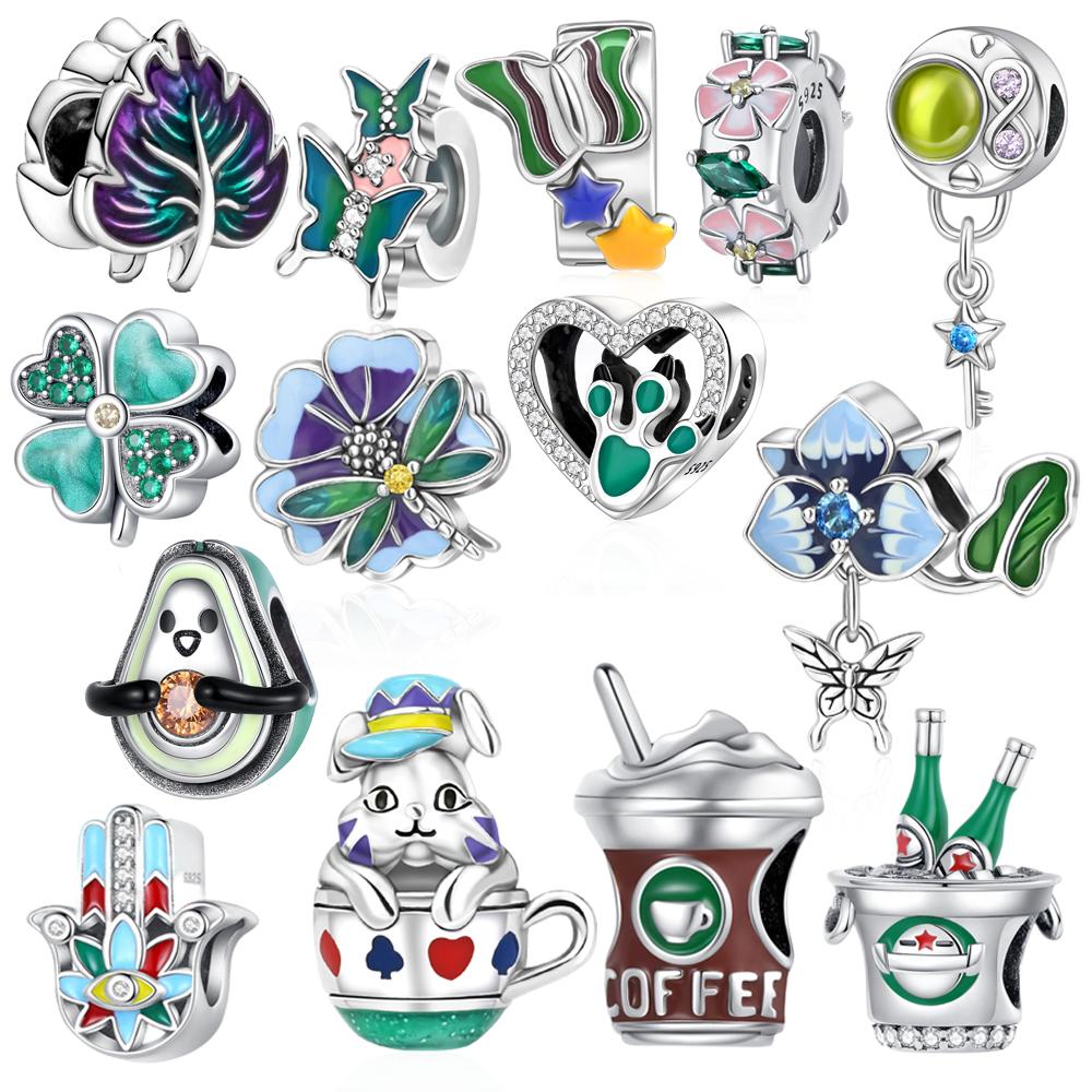 Green Series 925 Sterling copper Beer Bucket&Tea Cup Rabbit&Leaves&Butterfly Beads Charm Fit DIY Bracelet Forest Style Jewel